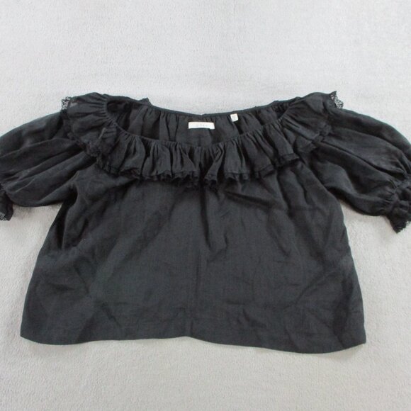 DOEN Samara Top Womens Small Black Ramie Tencel Blend Lace Ruffles Puff Sleeve - Picture 2 of 14